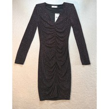 Mango MNG Tyra Glitter Ruched V-Neck Bodycon Dress Black Multicolor Small NWT