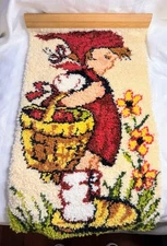 VTG '80s COMPLETED Latch Hook Hummel Peasant Girl Wall Hanging Rug 16x27