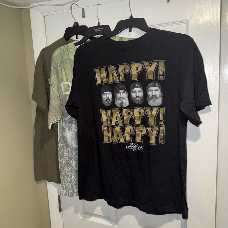 (3) Men’s Duck Dynasty Happy Shirt BLK Size XL Jase Army Green Sz LRG Jerzees XL