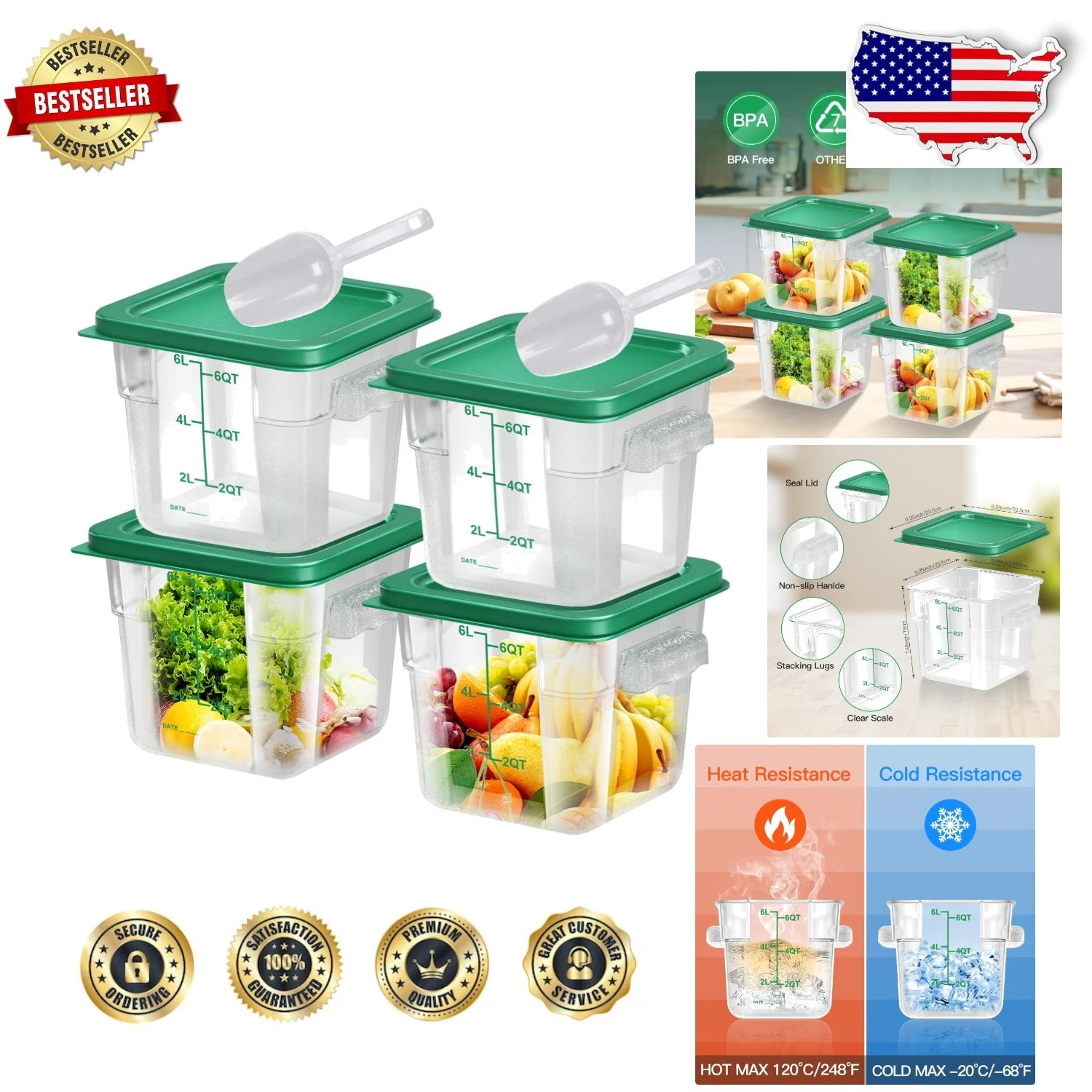 Stackable 6qt BPA Free Food Containers, Freezer Safe, Green