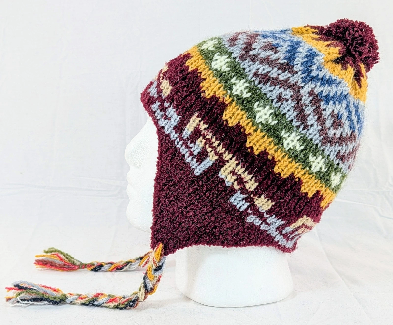 Colorful Soft Alpaca Chullo Red Beanie Pom Pom Earflap Unisex Handmade Boho