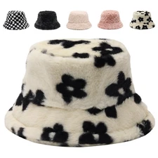 Womens Furry Bucket Hat, Winter Warm Fluffy Plush Faux Fur, Ladies Fuzzy Cap