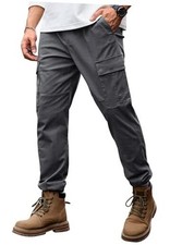 Men's Cargo Pant Elastic Waistband Washed Cotton Casual Small Charcoal
