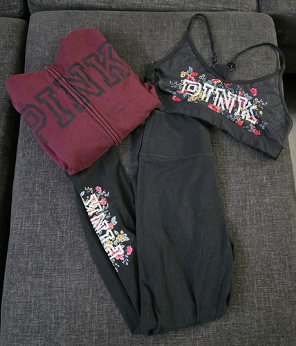 PINK Victoria's Secret Women's 3-Piece Tracksuit Set Hoodie Bra Leggings Floral