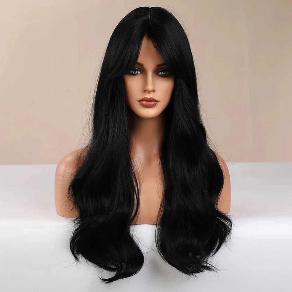 Black Natural Long Wavy Cosplay Wigs With Bangs Heat Resistant Hair Women - Image 3 of 4