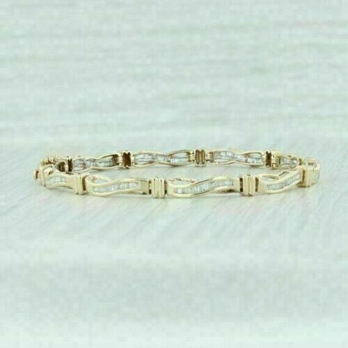 Women Solid 14k Yellow Gold Over 6.93Ct Baguette Cut Diamond Tennis 7" Bracelet - Picture 3 of 4