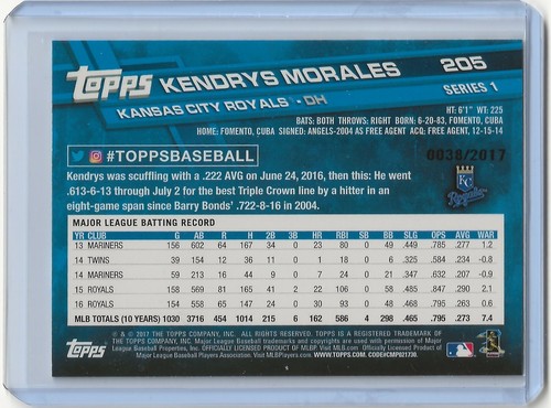 2017 Topps Series 1 KENDRYS MORALES Gold Parallel 38/2017 KC ROYALS #205 - Picture 2 of 2