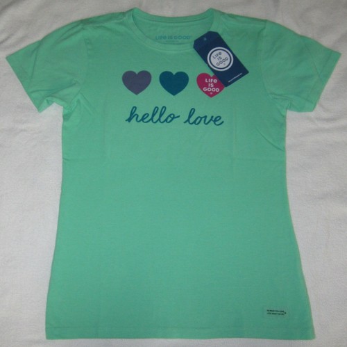 LIFE IS GOOD NWT Hearts Hello Love Green SS TShirt Tee NEW Womens Size XS - Picture 2 of 4
