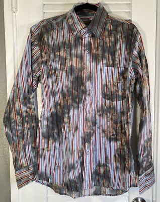 Made On Earth 2BU Striped Dye Spots Long Sleeve Button Down Shirt Men s L New