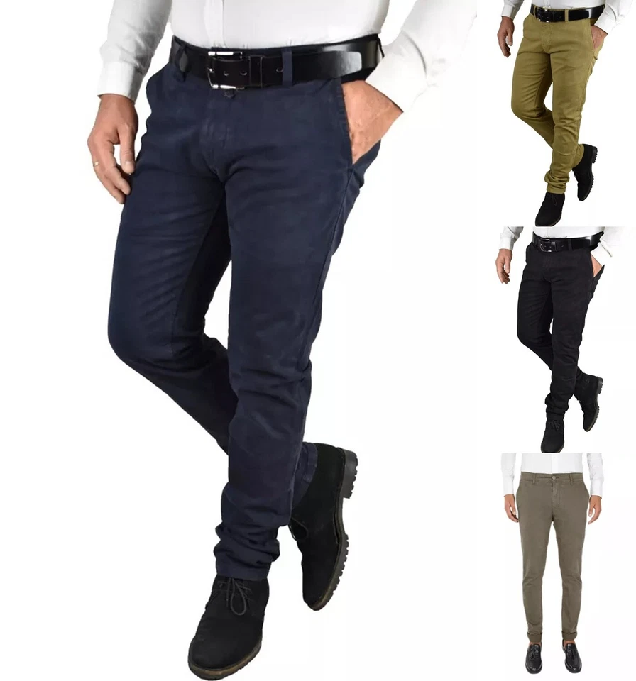 Pantaloni Uomo Slim Fit Elasticizzati Chino Eleganti Invernali Tasca America Blu - Immagine 2 di 4
