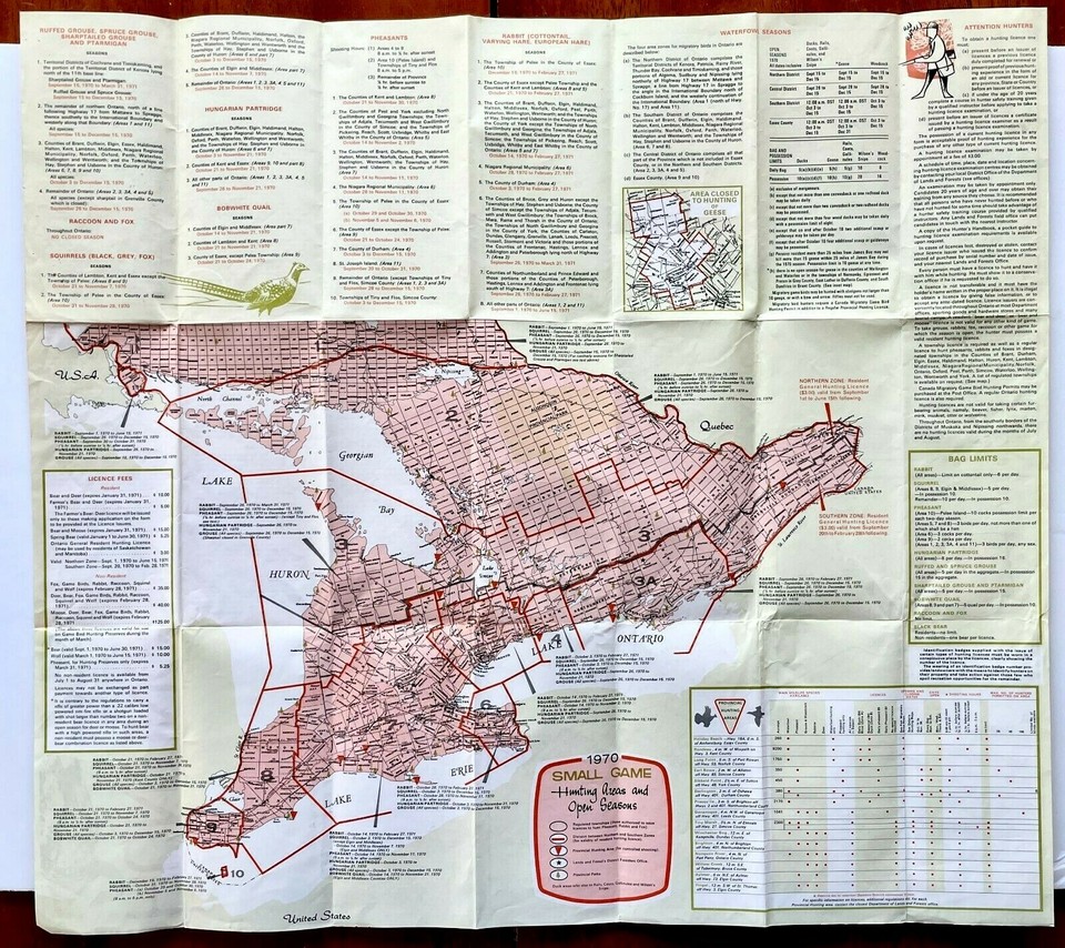 1970 Ontario Canada Hunting Regulations Vintage Brochure Map Guide