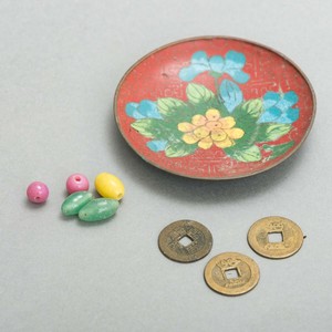 Antique Chinese Brass & Enamel Red Cloisonne Bowl Dish 3.5" + Coins and Beads
