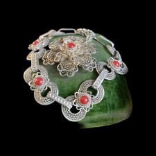 Silber Filigrandraht SchmuckSet Koralle Armband Anh&auml;nger Bl&uuml;te Jugendstil Design