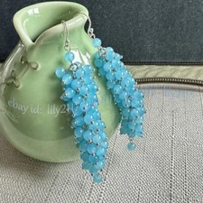 Pendientes de gancho de plata colgantes de uva con cuentas redondas de piedras preciosas de jade azul natural de 4 mm