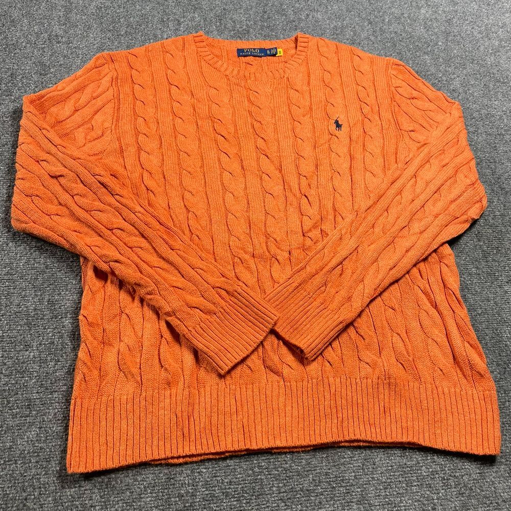 Men's Orange Sweater Long Sleeve Cable Knit Crew Neck Pullover Size XL