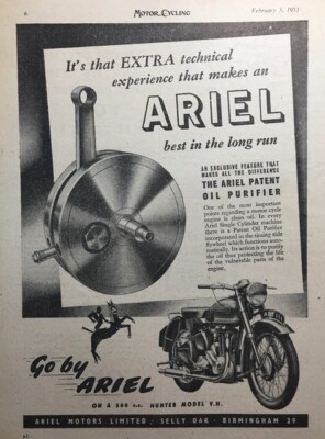 ARIEL HUNTER MODEL V.H. MOTORCYCLE ORIGINAL 1953 B/W ADVERTISEMENT 24cm ...