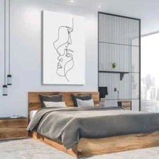 Warmth, Man & Woman Face Black Lines Drawing Wall Art Canvas Unframed Print Art