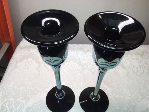 Correia Art Glass Black w BLUE Pulled Feather Candlesticks 10.5”Signed SCFA (2) - Picture 8 of 15