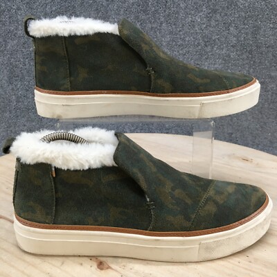 Toms Shoes Womens Paxton Camo Sneakers Green Fur Trim Slip On Casual  Comfort