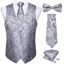 Silver Vest and Tie Sets for Men Suit Vest Paisley Bow Tie and Pocket Square ...