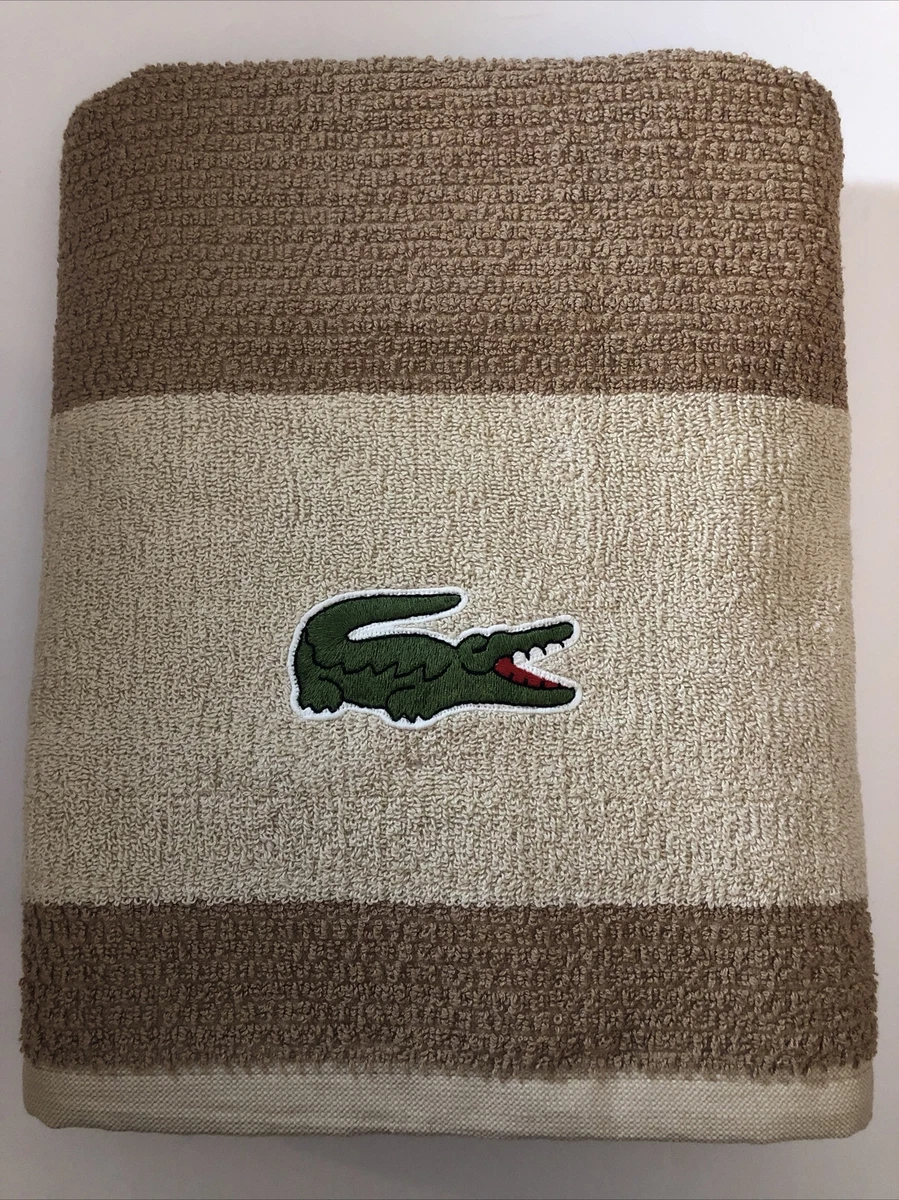 Lacoste Gray With White Stripes Terry Bath Towel With Alligator