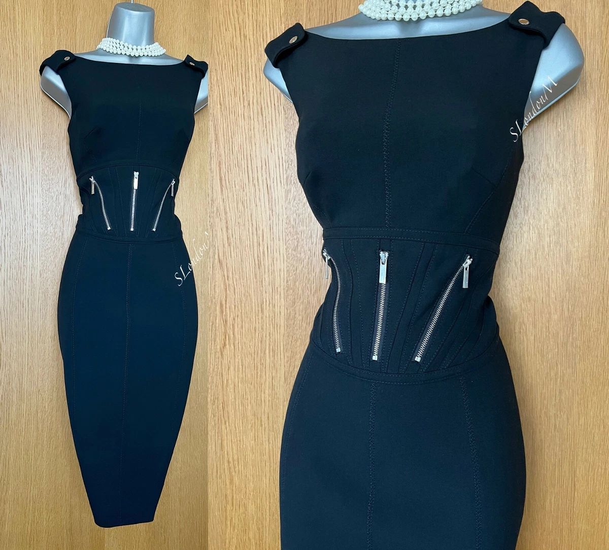 Karen Millen UK 8 Black Waist Zip Detail Work Races Formal Midi Pencil Dress 36