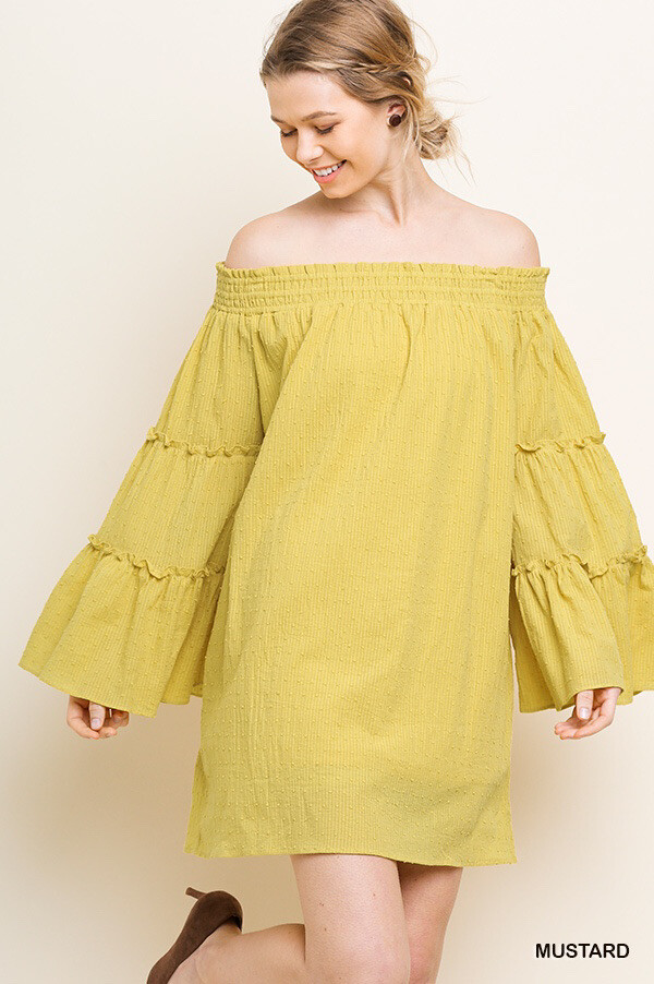 short yellow off the shoulder dress Off Shoulder Fit and Flare Dress in Yellow