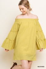 Umgee Polka Dot Off Shoulder Tiered Yellow Dress NWT Small