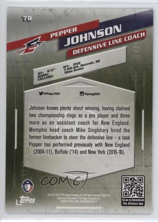 2019 Topps Alliance of American Football Blue /50 Pepper Johnson #78 - Image 2 of 2