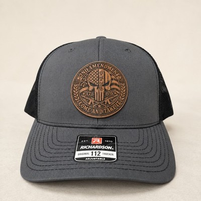 Richardson 112 Trucker Hat Gray Black 2nd Amendment Engraved Leatherette Patch