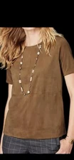 J Jill Faux Suede Crewneck Top Womens XS Acorn Brown Short Sleeves Stretch-NEW