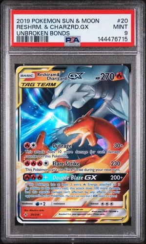Reshiram & Charizard Gx Pokemon Sun & Moon Unbroken Bonds 20 NM PSA 9