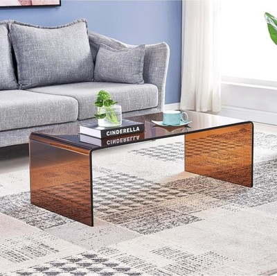 Glass Coffee Table, Modern Amber Coffee Tables for Living Room, Small Rectang...