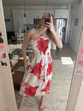 Women’s One Size White Red Floral Halter Smocked Sleeveless Midi Sundress