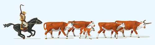 Preiser 10159 HO Scale Riding Cowboy and 5 Longhorn Cattle - Picture 3 of 5
