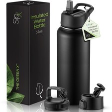 32 oz Insulated Stainless Steel Water Bottle With 3 Lids Black Leakproof