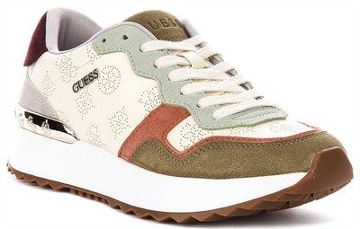 Guess Vinsa Logo Sneaker Schnürschuhe Damen Trainer Olive Beje UK 5-10