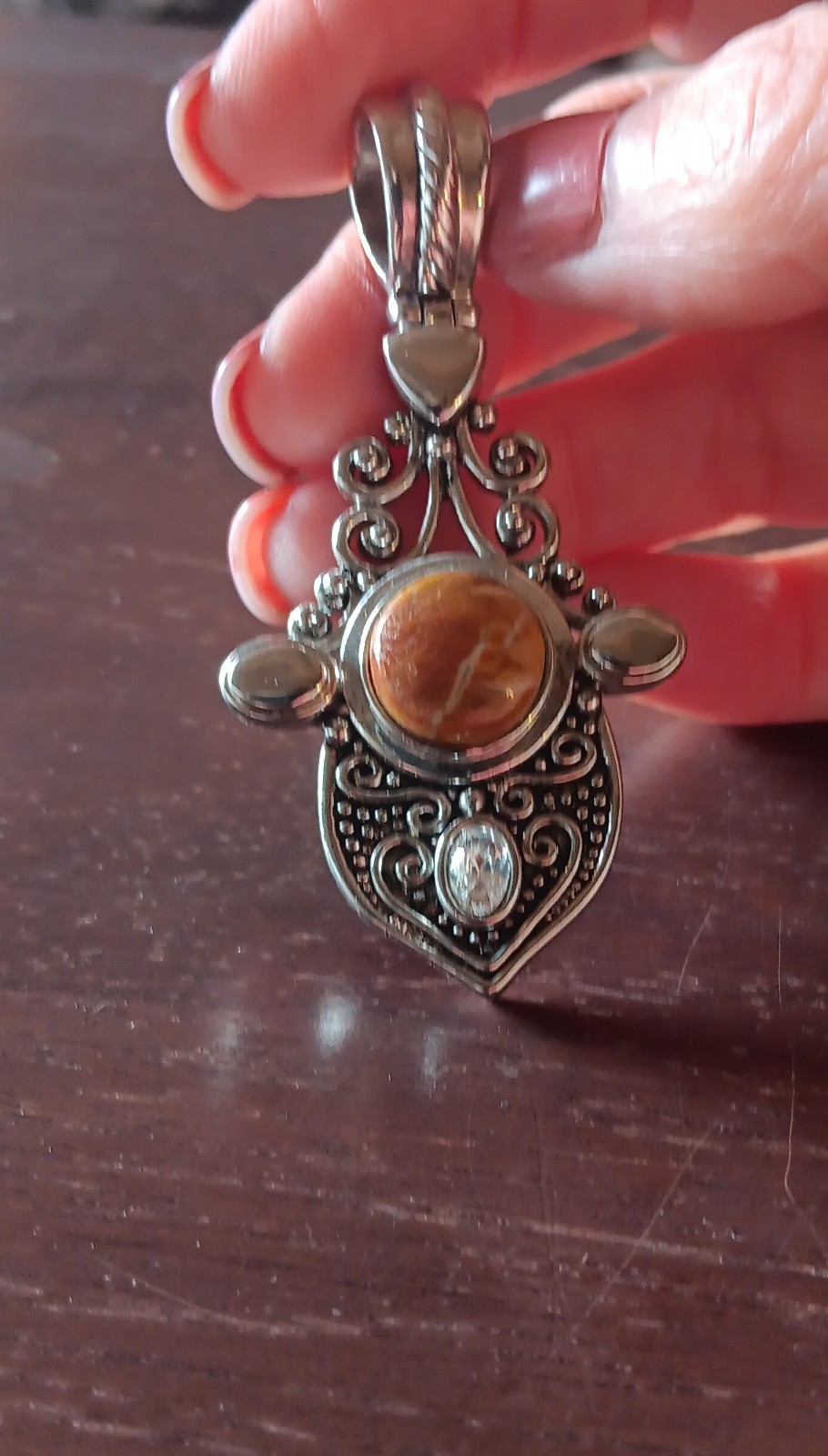 Silvertone brown stone statement pendant - image 2