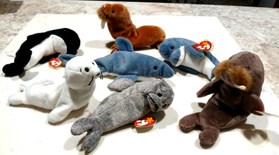 Lot of 7 TY Beanie Babies-Crunch, Jolly, Waves, Seamore, Echo, Slippery & Paul
