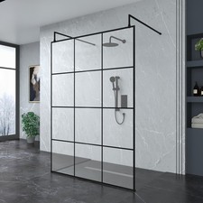 Image of Black Grid Glass Walk In Wet Room 1400mm Shower Screen Easy Clean & Support Arm