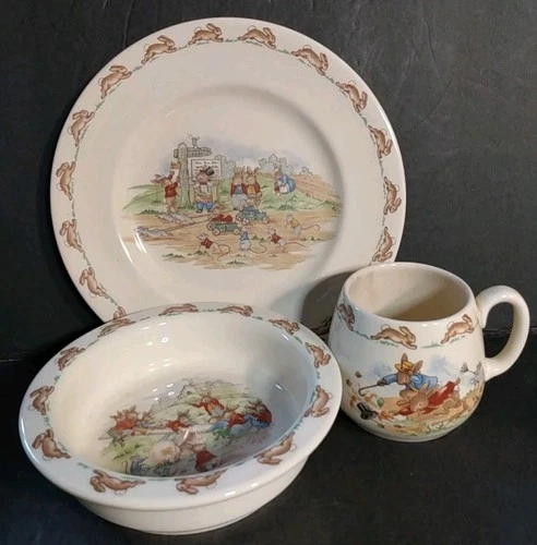Royal Doulton Bunnykins 3 Pcs Childrens Dinnerware Plate Bowl & DAMAGED Mug UK#1