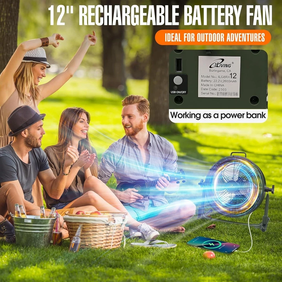 Ventilador de piso de camping recargable a batería de 12 pulgadas - Flujo de aire de alta velocidad Foto 4 de 4