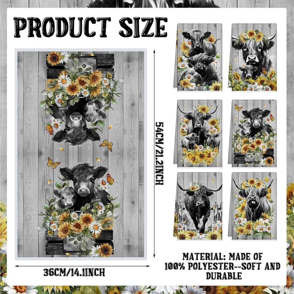 6 Pcs Highland Cow Kitchen Towels Highland Cow Themed Dish Towels Seasonal Cute - Image 2 of 4