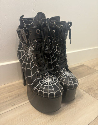 Demonia Torment-51 Spider Web Platform Ankle Boots Patent Black/White Womens 11