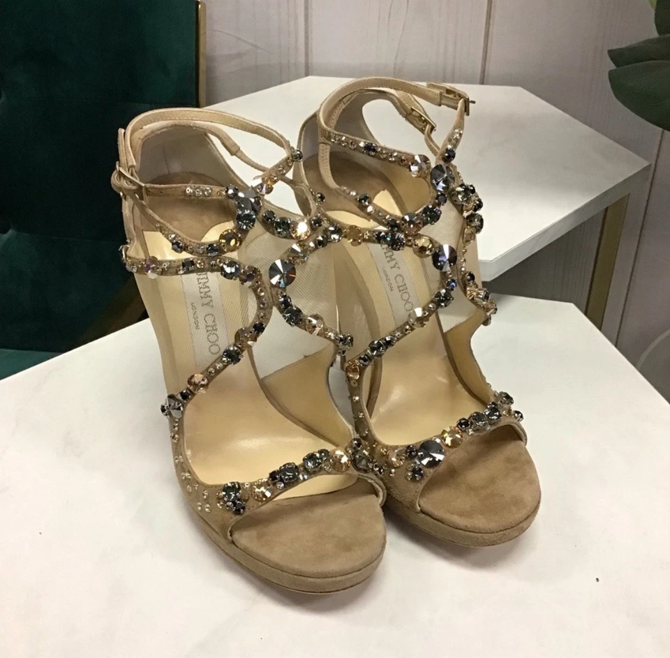 Jimmy Choo New NWT Viola Crystal Nude Suede Sandal Platform Sandal Sz 39/9 $1850 - Image 2 of 4