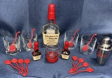 Makers Mark Empty Bottle,  5 Etched Glasses, Shaker, Stirs & Gourmet Sauce