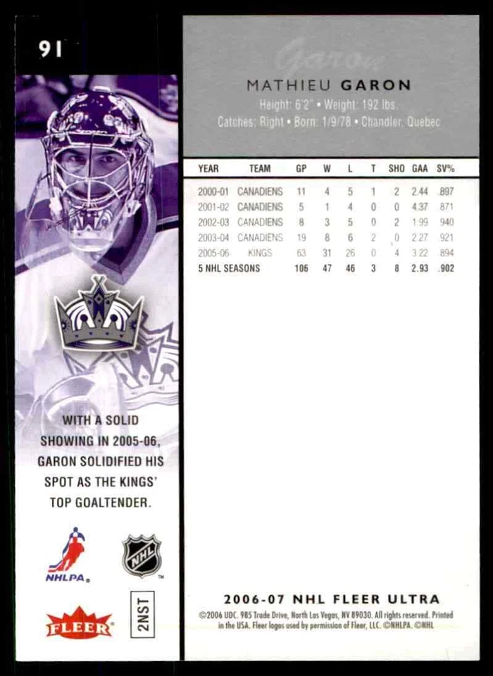 2006-07 Fleer Ultra Mathieu Garon #91 - Image 2 of 2