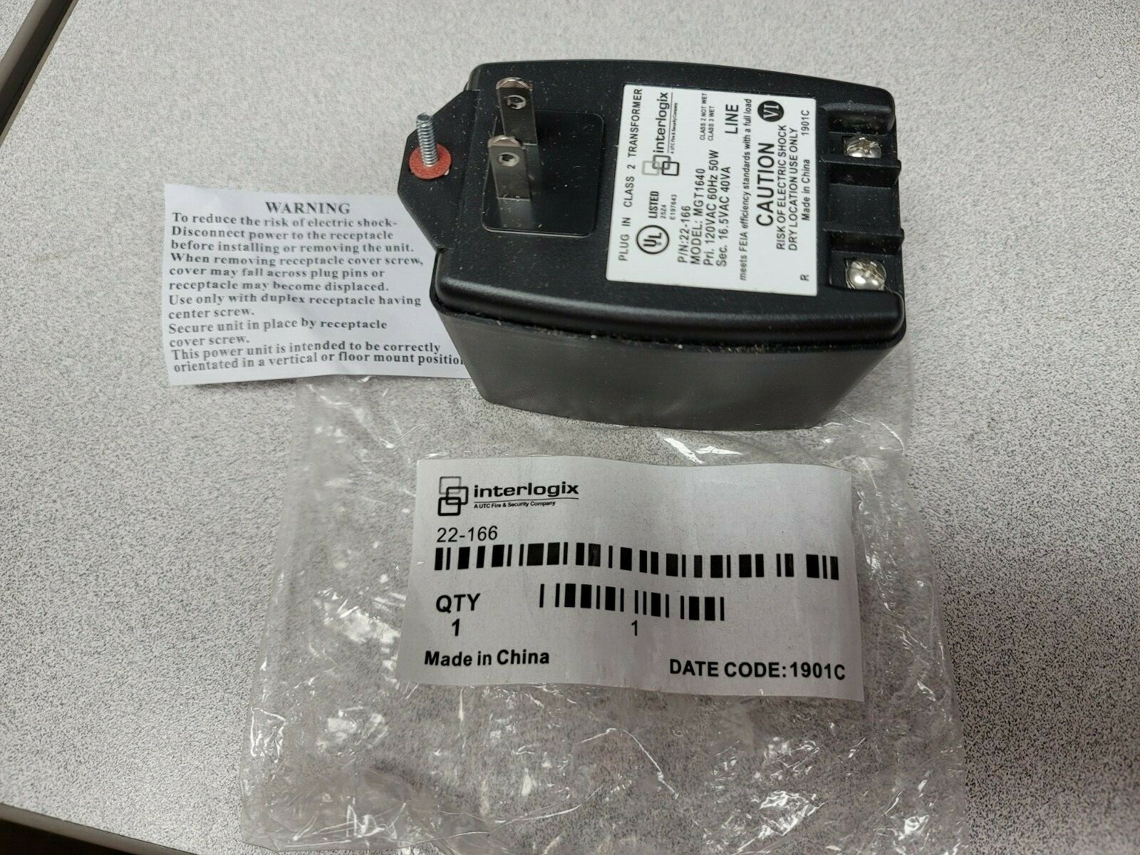 GE Security, Interlogix 22166 MGT1640 16.5VAC 40VA Plug in Transformer