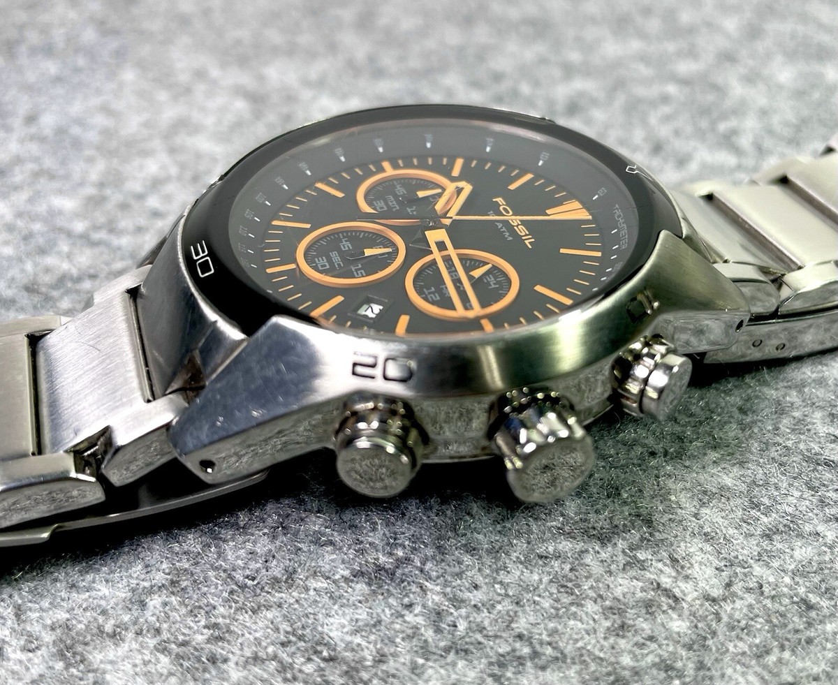 Vintage FOSSIL CH-2544 ORANGE FACE Stainless Steel Mens Coachman