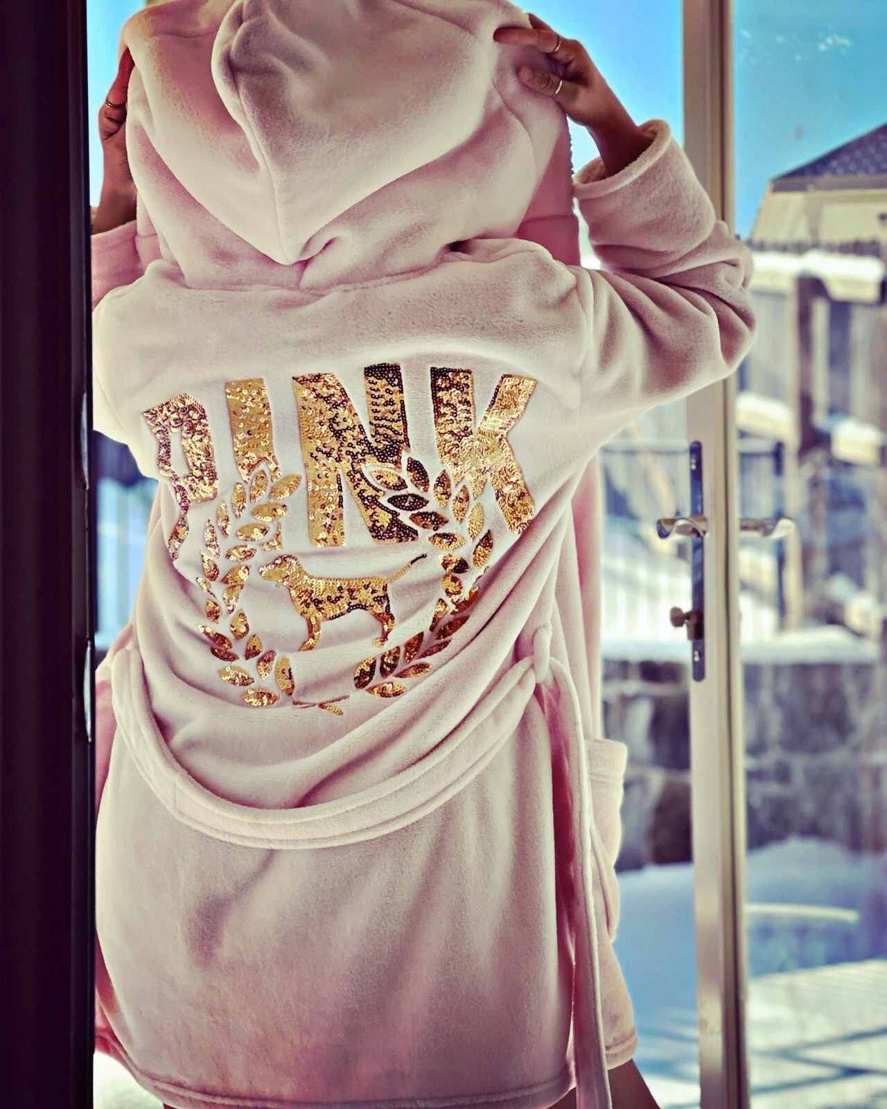 UNDERCOVER Peluche VICTORIAS SECRET PINK Bling Accappatoio Donna M L Cane Oro Rosa Sherpa Felpa con Cappuccio
